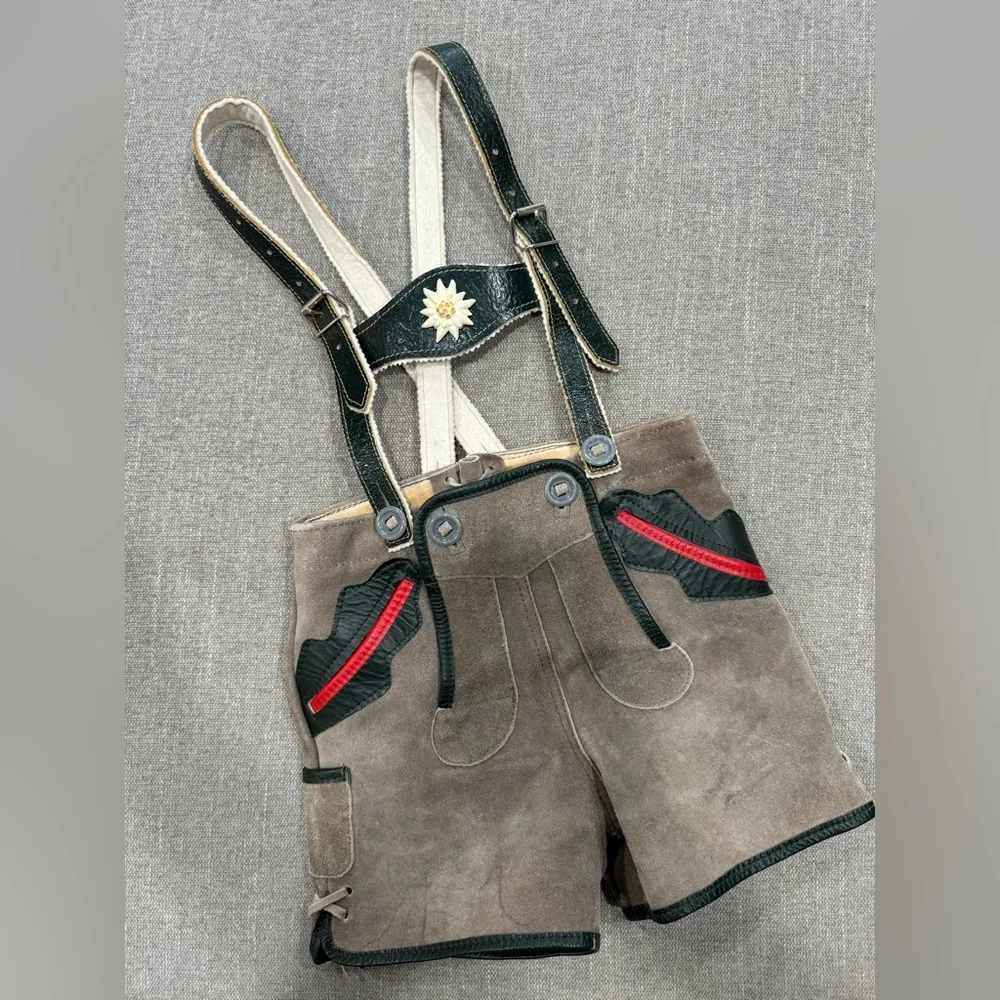 Vintage Bavarian Toddler Lederhosen 3T Suede Leather w/ H-Suspenders, Edelweiss